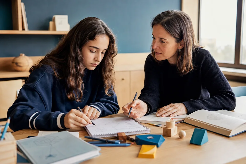 Escolar trabajando con una profesional de psicopedagogía