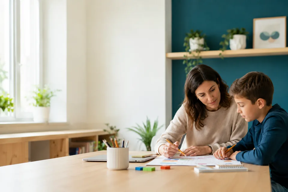 Profesional de psicopedagogía trabajando individualmente con un escolar en Majadahonda