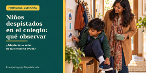 Padre e hija organizando la rutina escolar para distinguir entre despiste y adaptación al colegio