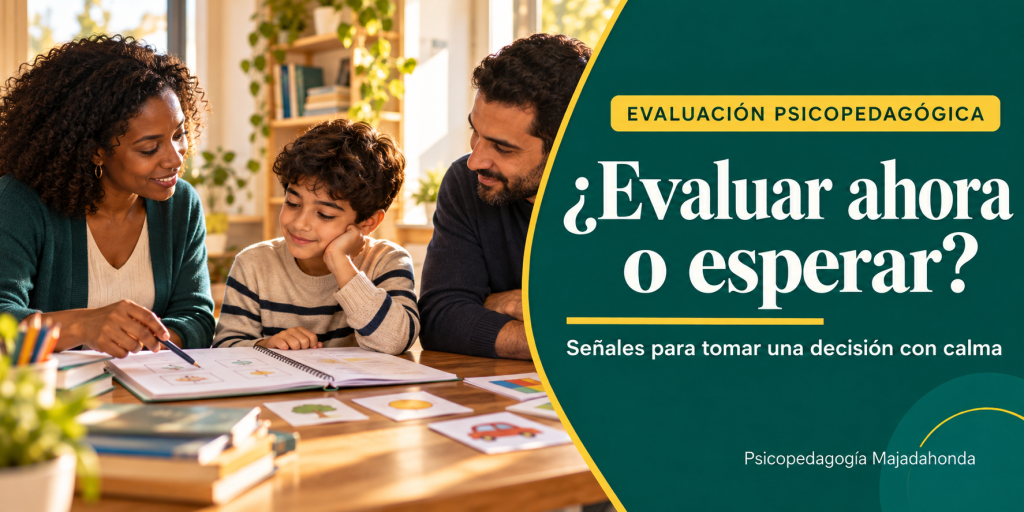 Evaluación psicopedagógica en Majadahonda con una familia y una profesional valorando las necesidades escolares de un niño.
